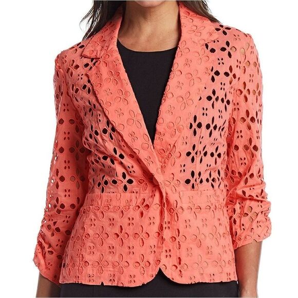New! MADISON LEIGH Women's 1-Button Eyelet Blazer Jacket 100% Cotton Color Coral - Picture 3 of 3